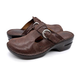 BOC Mules Womens 8 Brown Leather Slip On Round Toe Platform Buckle Accent Shoes